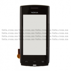 Сенсорный экран (тачскрин) для Nokia 500 черный с передней панелью, оригинальный